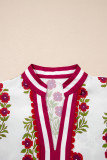 White Floral Short Bubble Sleeve Contrast Slit Neckline Blouse