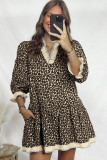 Black Leopard Print Striped Color Block Trim V Neck Bracelet Sleeve Mini Dress
