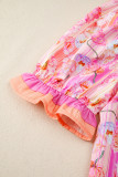 Pink Poppy Flower Striped Print Color Block Trim V Neck Short Sleeve Blouse