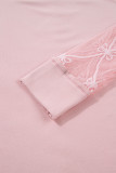 Light Pink Solid Color Bow Textured Patchwork Long Sleeve Tee