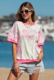 Beige Color Block Floral Patchwork Big Flower Accent Relaxed Top