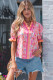 Pink Poppy Flower Striped Print Color Block Trim V Neck Short Sleeve Blouse