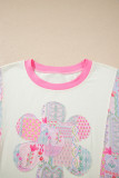 Beige Color Block Floral Patchwork Big Flower Accent Relaxed Top