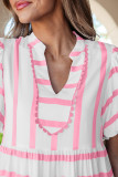 Pink Stripe Ricrac Trim Notched Neck Half Sleeve Vacation Dress