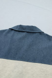 Light Grey Half Buttons Collared Denim Patchwork Plus Short Sleeve Top