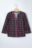 Black Contrast V Neckline Bracelet Sleeve Vintage Floral Blouse
