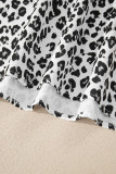 Gray Ruffled Trim V Neck Leopard Print Short Sleeve Blouse