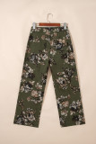 Green Vintage Floral Print Square Patch Pocket Raw Hem Shift Jeans