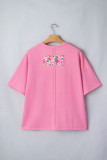 Bright Pink Floral Patched Raw Seam Big Flower Oversize Tee