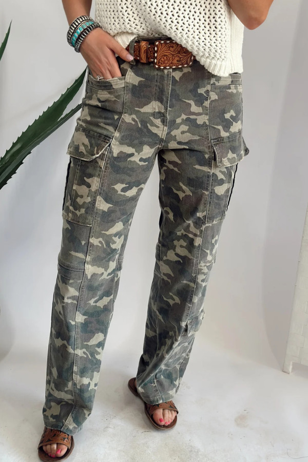 Green Camouflage Print Multi Pocketed Womens Denim Pants