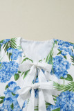 Sky Blue Palm Floral Print Contrast Ribbon Knot Ruffle Tiered Sleeve Mini Dress