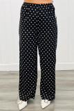 Black Polka Dot Print Elastic Waist Lace Hem Loose Pants