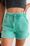 Sea Green Mineral Washed Drawstring Elastic Waist Raw Cut Shorts