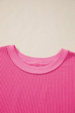 Rose Red Spiral Ribbed Cutout Bow Knot Back Oversize T Shirt