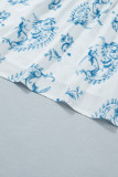 Sky Blue Plus Size Geometric Floral Print Button Split Neck Short Sleeve Maxi Dress