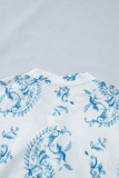 Sky Blue Plus Size Geometric Floral Print Button Split Neck Short Sleeve Maxi Dress