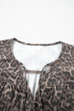Brown Leopard Tie Neck Short Puff Sleeve Denim Babydoll Top