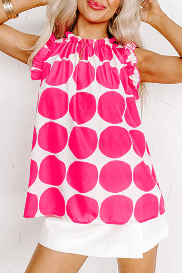 Rose Polka Dot Print Frilled Round Neck Shift Tank Top