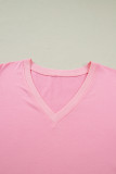 Bonbon V Neck Pleated Short Puff Sleeve Plus Size Blouse