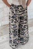 Green Camouflage Print Drawstring Casual Pants