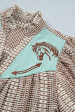 Brown Western Pony Embroidered Yoke Puff Sleeve Gingham Blouse