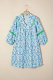 Sky Blue Boho Paisley Print Contrasted Patchwork Detail Bracelet Sleeve Loose Mini Dress
