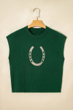 Blackish Green Horseshoe Graphic Western Short Sleeve Sweater