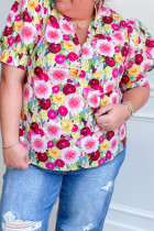 Pink Plus Size Flower Print Split V Neck Puff Short Sleeve Top