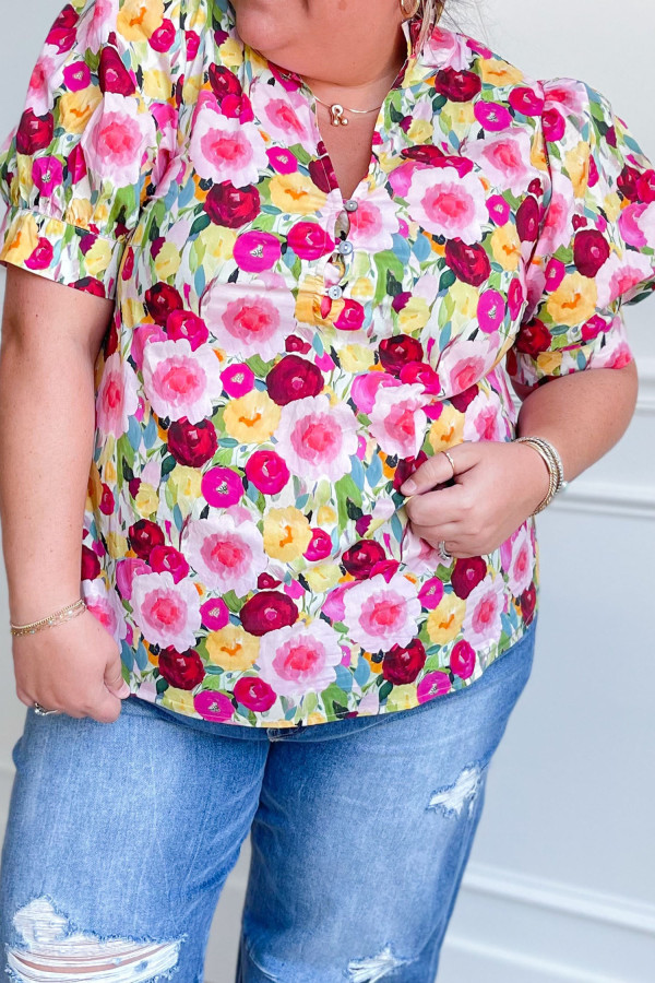 Pink Plus Size Flower Print Split V Neck Puff Short Sleeve Top