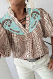Brown Western Pony Embroidered Yoke Puff Sleeve Gingham Blouse