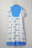 Sky Blue  Plus Size Floral Print Contrast Boho Patchwork V Neck Loose Midi Dress