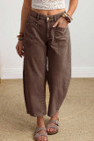 Coffee Solid Color Square Patch Pocket Ankle-length Barrel Jeans