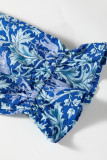 Sky Blue Floral Printed Frilled V Neck Bracelet Sleeve Long Dress