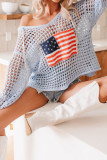 Beau Blue Hollow Out Crochet Knit American Flag Patched Sweater Hoodie