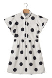 White Polka Dot Print Half Button Ruffled Short Sleeve Loose Mini Dress
