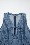 Dusk Blue Acid Wash Pintuck Tie V Neck Denim Wide Leg Jumpsuit
