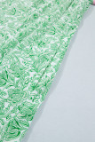 Green Plus Size Contrast Trim Flutter Sleeve Floral Kaftan Maxi Dress
