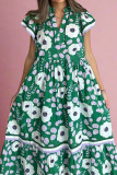 Green V Neck Ruffled Short Sleeve Flower Maxi Dress