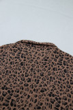 Brown Leopard Jacquard Striped Patchwork Half Zip Short Sleeve Blouse