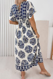 Blue Boho Floral Print Contrast Patchwork V Neck Dolman Maxi Dress