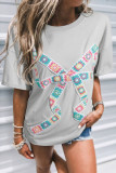 Light Grey Floral Crochet Ribbon Bow Patched Cotton T Shirt
