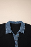 Black Plus Size Textured Contrast Denim Patchwork Button Polo Tee