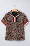 Brown Leopard Jacquard Striped Patchwork Half Zip Short Sleeve Blouse
