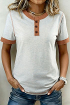 Light Grey Raw Seam Color Block Detail Buttoned Henley Tee