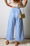 Sky Blue Stripe Drawstring Elastic Waist Patch Pocket Wide Leg Ankle-length Pants