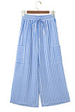 Sky Blue Stripe Drawstring Elastic Waist Patch Pocket Wide Leg Ankle-length Pants