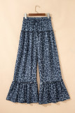 Gray Wild Leopard Print Frilled Detail Drawstring Wide Leg Pants