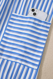 Sky Blue Stripe Drawstring Elastic Waist Patch Pocket Wide Leg Ankle-length Pants