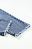 Sky Blue Double Button Raw Hem Slim Fit Jeans