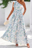 Sky Blue Floral Print Ruffled One Shoulder Vacation Maxi Dress